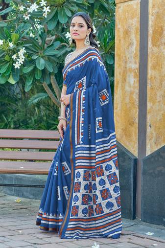 Blue printed cotton saree with blouse piece