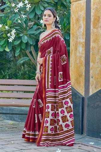 Wine printed cotton saree with blouse piece