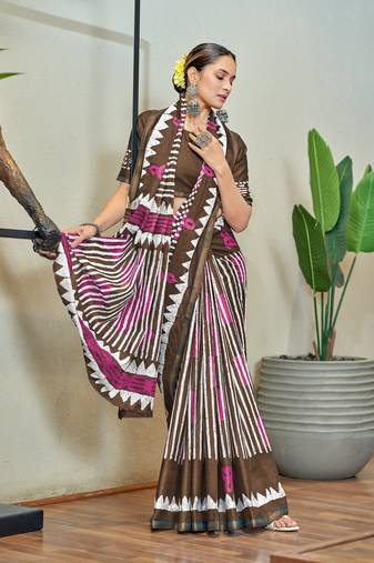 Brown printed cotton saree with blouse piece