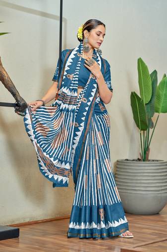 Turquoise printed cotton saree with blouse piece