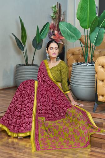 Pink printed cotton saree with blouse piece