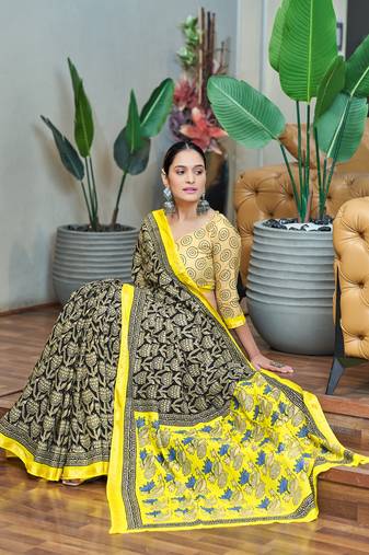Black printed cotton saree with blouse piece