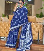 Blue printed cotton saree with blouse piece