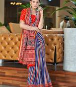 Blue printed cotton saree with blouse piece