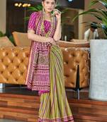 Green printed cotton saree with blouse piece