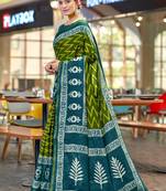 Green printed cotton saree with blouse piece