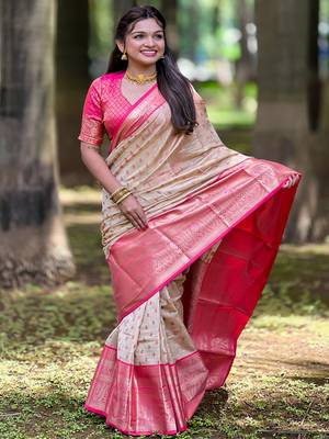 Beige kanchipuram tissue silk saree with unstitched blouse piece 1