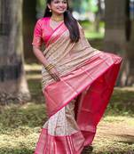 Beige kanchipuram tissue silk saree with unstitched blouse piece