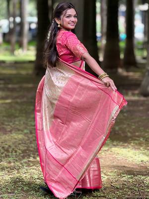 Beige kanchipuram tissue silk saree with unstitched blouse piece 2