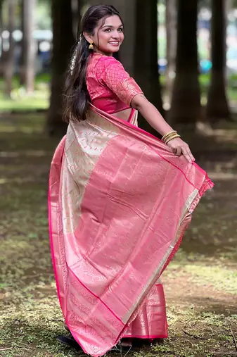 Beige kanchipuram tissue silk saree with unstitched blouse piece