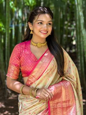 Beige kanchipuram tissue silk saree with unstitched blouse piece 3