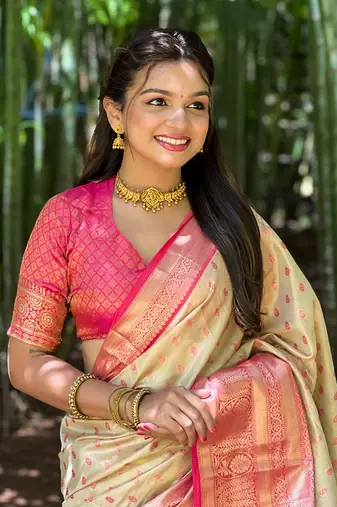 Beige kanchipuram tissue silk saree with unstitched blouse piece