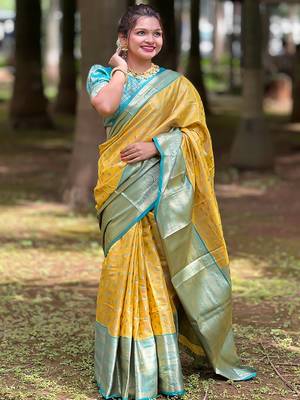 Yellow kanchipuram tissue silk saree with unstitched blouse piece 1