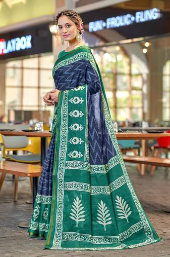 Navy blue printed cotton saree with blouse piece