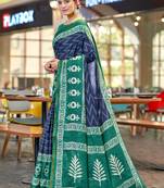 Navy blue printed cotton saree with blouse piece