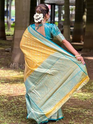 Yellow kanchipuram tissue silk saree with unstitched blouse piece 2