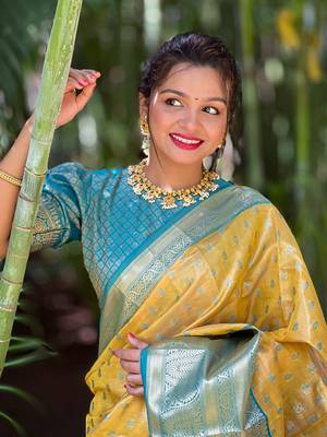 Yellow kanchipuram tissue silk saree with unstitched blouse piece 3
