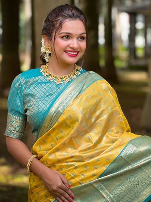Yellow kanchipuram tissue silk saree with unstitched blouse piece 4