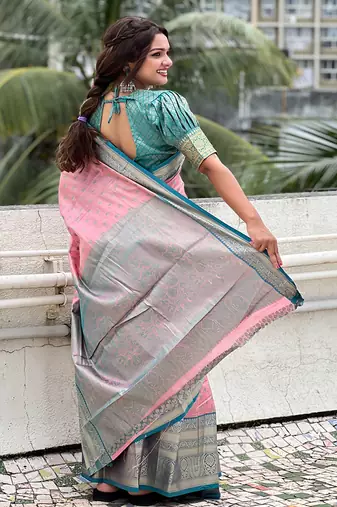 Pink kanchipuram tissue silk saree with unstitched blouse piece