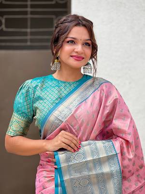 Pink kanchipuram tissue silk saree with unstitched blouse piece 3