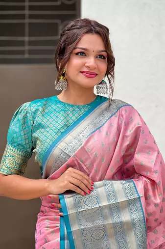 Pink kanchipuram tissue silk saree with unstitched blouse piece