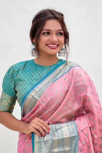 Pink kanchipuram tissue silk saree with unstitched blouse piece