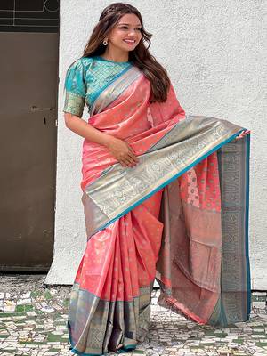 Peach kanchipuram tissue silk saree with unstitched blouse piece 1