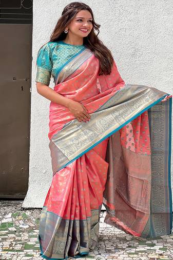 Peach kanchipuram tissue silk saree with unstitched blouse piece