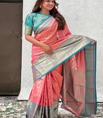 Peach kanchipuram tissue silk saree with unstitched blouse piece