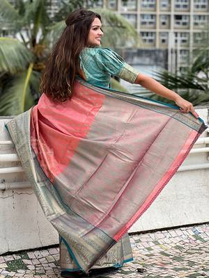 Peach kanchipuram tissue silk saree with unstitched blouse piece 2