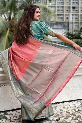 Peach kanchipuram tissue silk saree with unstitched blouse piece