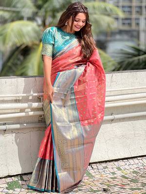 Peach kanchipuram tissue silk saree with unstitched blouse piece 3
