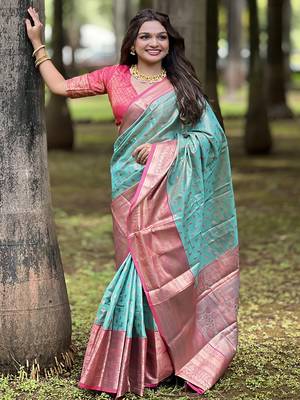 Blue kanchipuram tissue silk saree with unstitched blouse piece 1