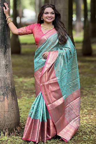 Blue kanchipuram tissue silk saree with unstitched blouse piece