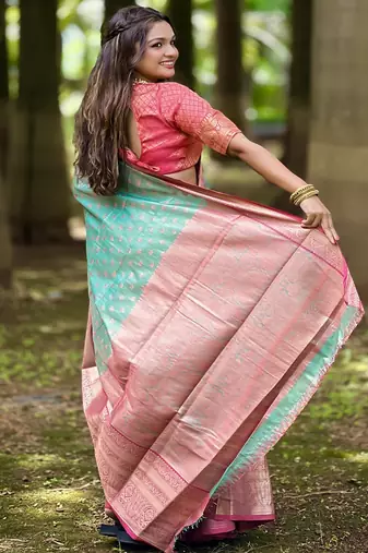 Blue kanchipuram tissue silk saree with unstitched blouse piece
