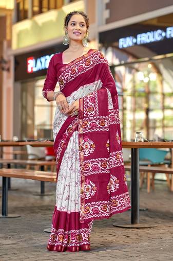 Wine printed cotton saree with blouse piece