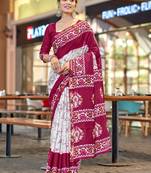 Wine printed cotton saree with blouse piece