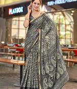 Grey printed cotton saree with blouse piece