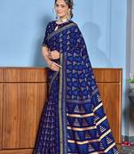 Blue printed cotton saree with blouse piece