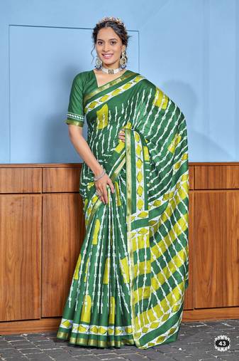 Green printed cotton saree with blouse piece