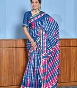 Blue printed cotton saree with blouse piece