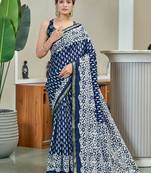 Blue printed cotton saree with blouse piece