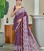 Wine printed cotton saree with blouse piece