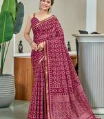 Wine printed cotton saree with blouse piece