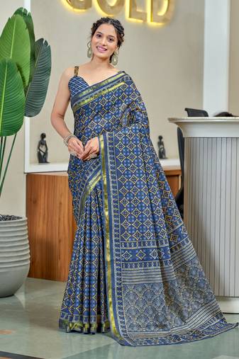 Blue printed cotton saree with blouse piece