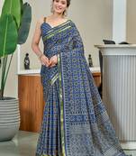 Blue printed cotton saree with blouse piece