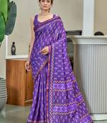 Purple printed cotton saree with blouse piece