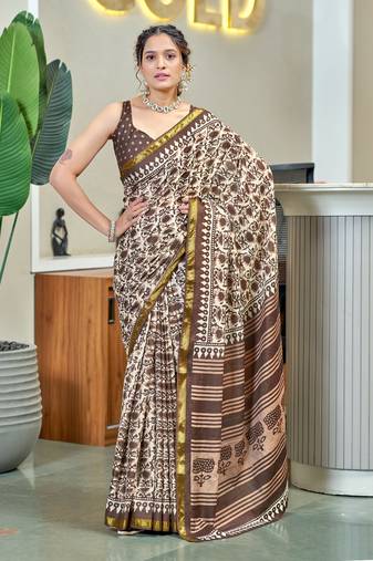 Brown printed cotton saree with blouse piece