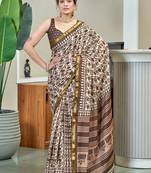 Brown printed cotton saree with blouse piece