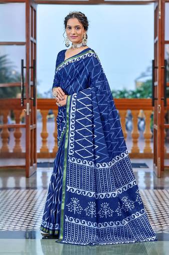 Blue printed cotton saree with blouse piece